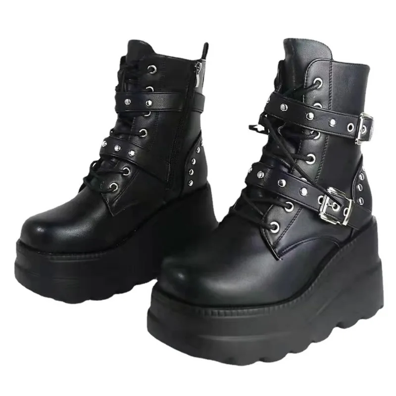 New Women Pu Leather Ankle Booties Woman Autumn Winter Round Toe Lace Up Shoes Woman Motorcycle Platform Gothic Boots Cosplay