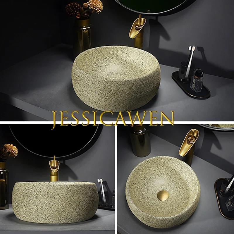 35/40cm Ceramic Washbasin Bathroom Sinks Retro Bowl Basin Household Hotel Granite Color Countertop Balcony Vessel Art Basin