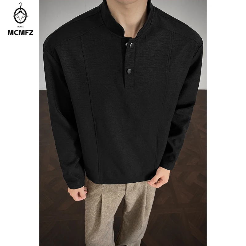 Men Vertical Seam Detail Long Sleeve Top Mandarin Collar Half Button Design Soft Woven Fabric For Youth Street Casual Style