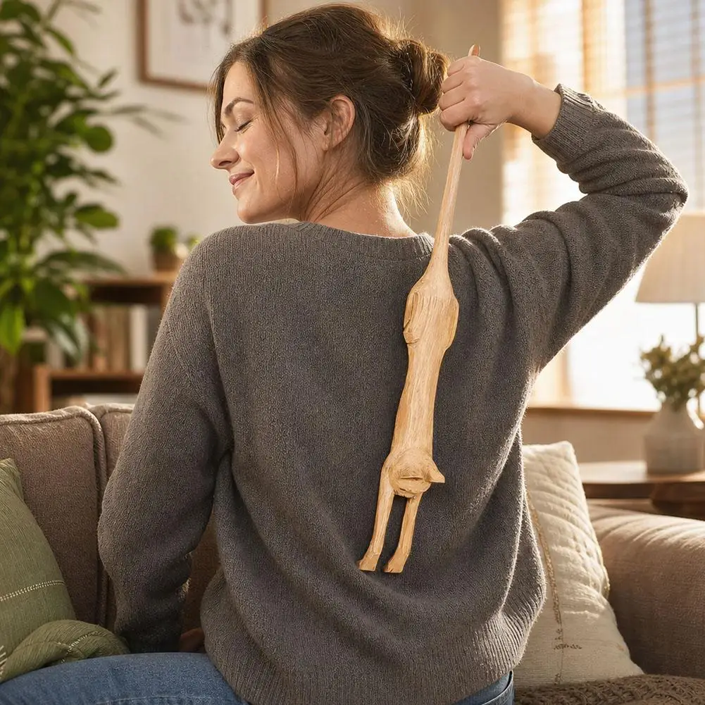 Wooden Cat Back Scratcher Long Handle Itch Relief Back Rake Massage Tool Cute Animal Body Scratch Massager Gift