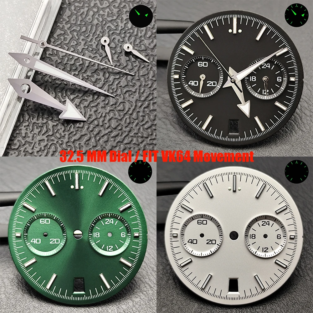 32.5mm diameter green black quartz movement dial hands VK63/VK64 pointer green luminous dial FIT for VK63/VK64 quartz movement