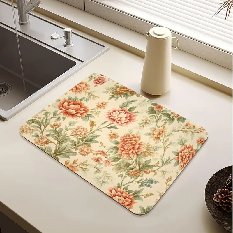 Super Absorbent Floral Dish Drying Mat Quick Dry Kitchen Countertop Protector Pad Vintage Coffee Maker Mat Non Slip Art