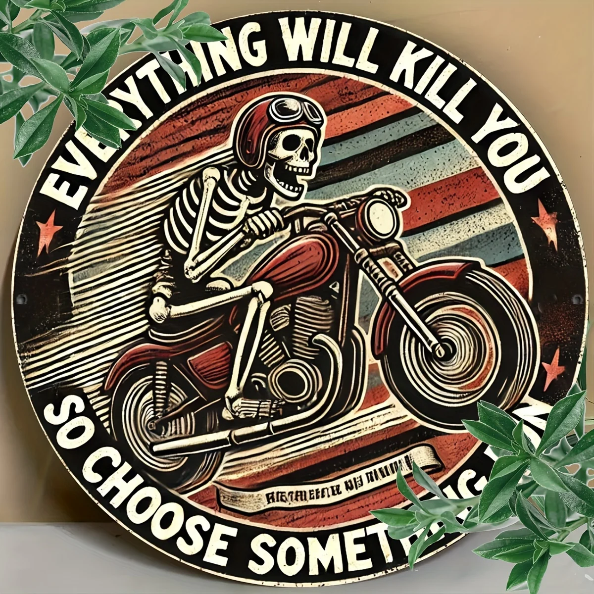 علامة قصدير معدنية عتيقة على شكل هيكل عظمي للدراجة النارية - قطعة واحدة من لوحات فنية جدارية من الألومنيوم، "كل شيء يقتلك حتى اختيار شيئًا ممتعًا"