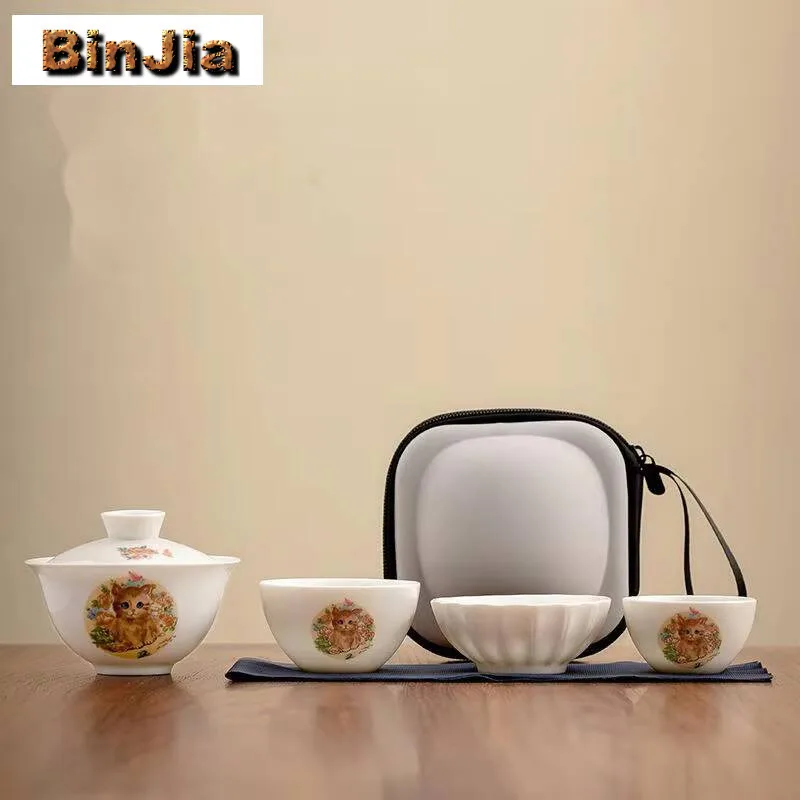 Cute Cat Sheep Fat Jade Porcelain Tea Set Kit Handmade 1 Pot 3 Cups Making Camping Outdoor Portable Handbag Teaware Ornament