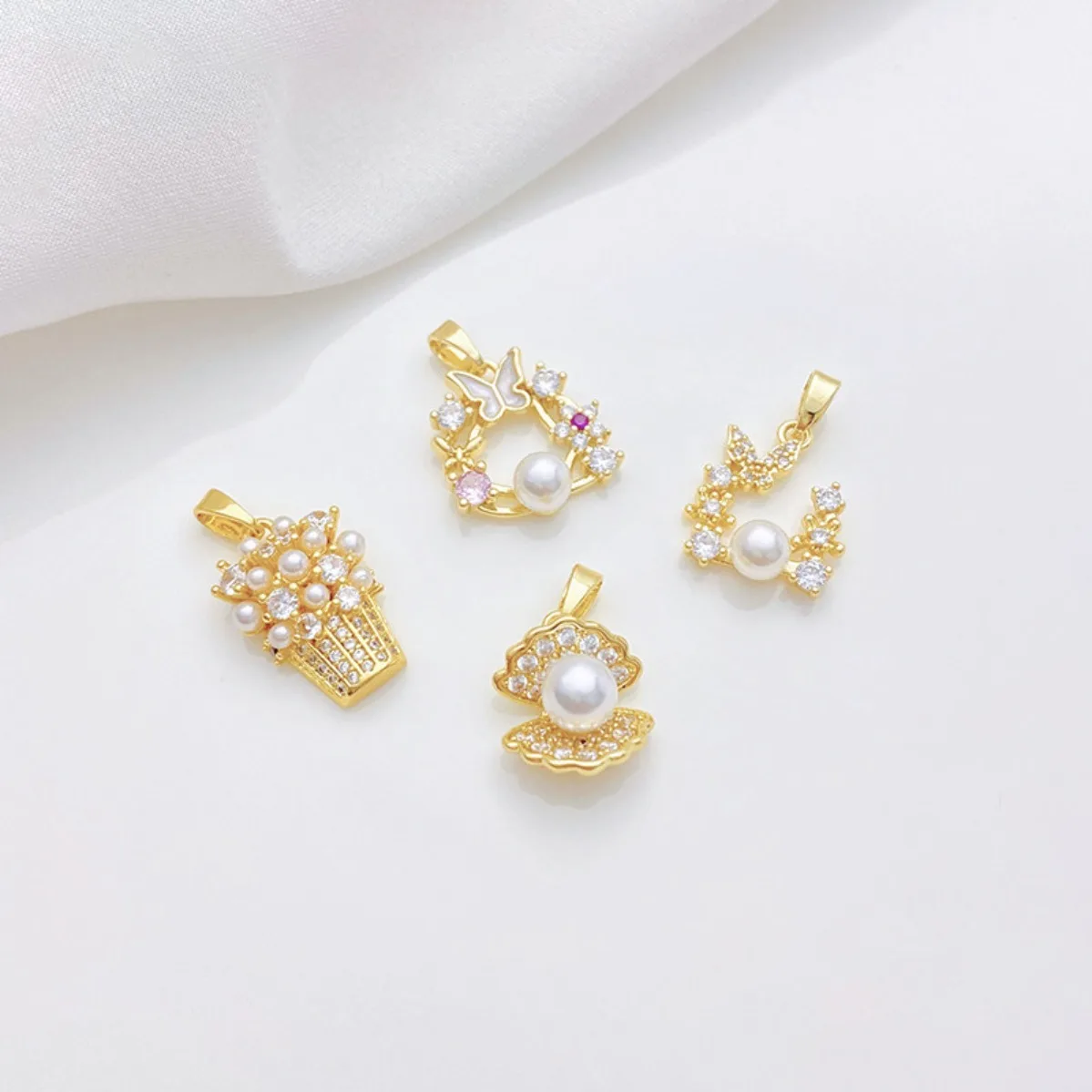 14K Gold Plated Cubic Zirconia Pearl Pendant Shell Butterfly Flower Basket Wreath DIY Findings Bracelet Necklace Jewelry Making