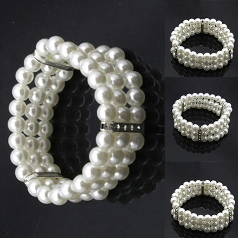 3 Rows Faux Pearl Rhinestone Decor Elastic Stretchy Bangle Bracelet Crystal Faux Pearl Multi Layer Wide Bangles Pulseras Mujer