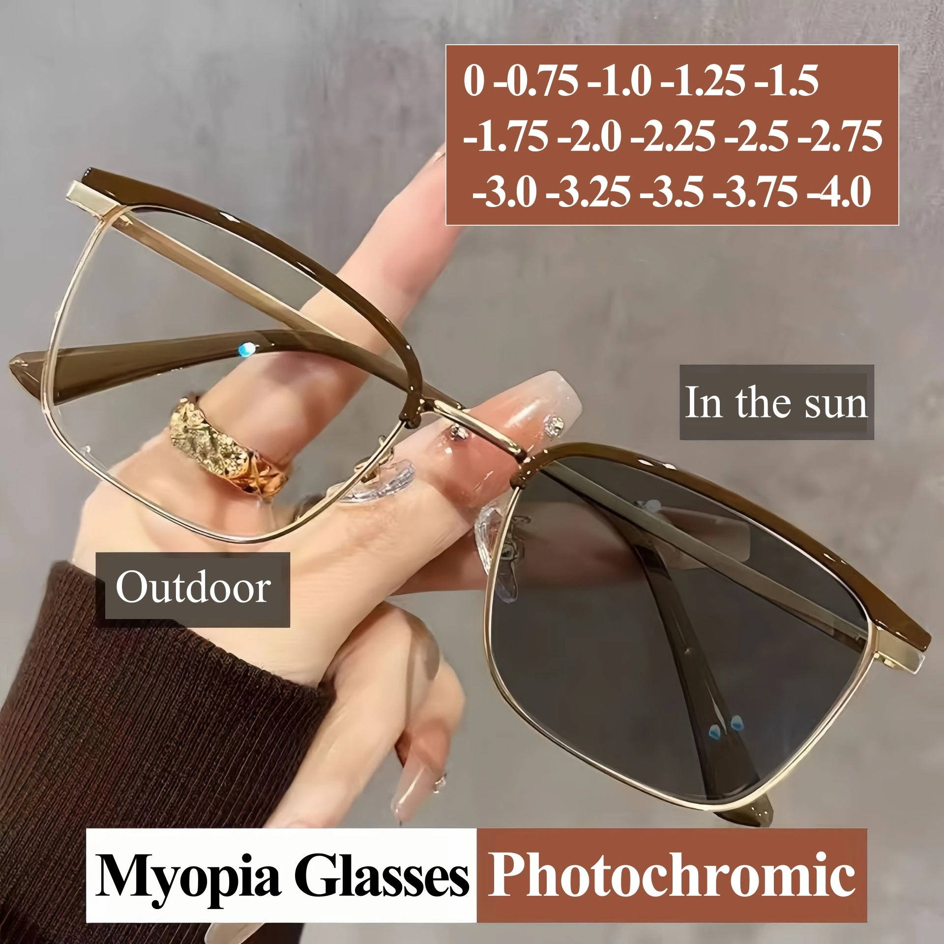 

【2025 New】Metal Frame Photochromic Myopia Glasses Anti-Blue Light/UV400/Transitions Lenses Prescription Eyeglasses for Men Women