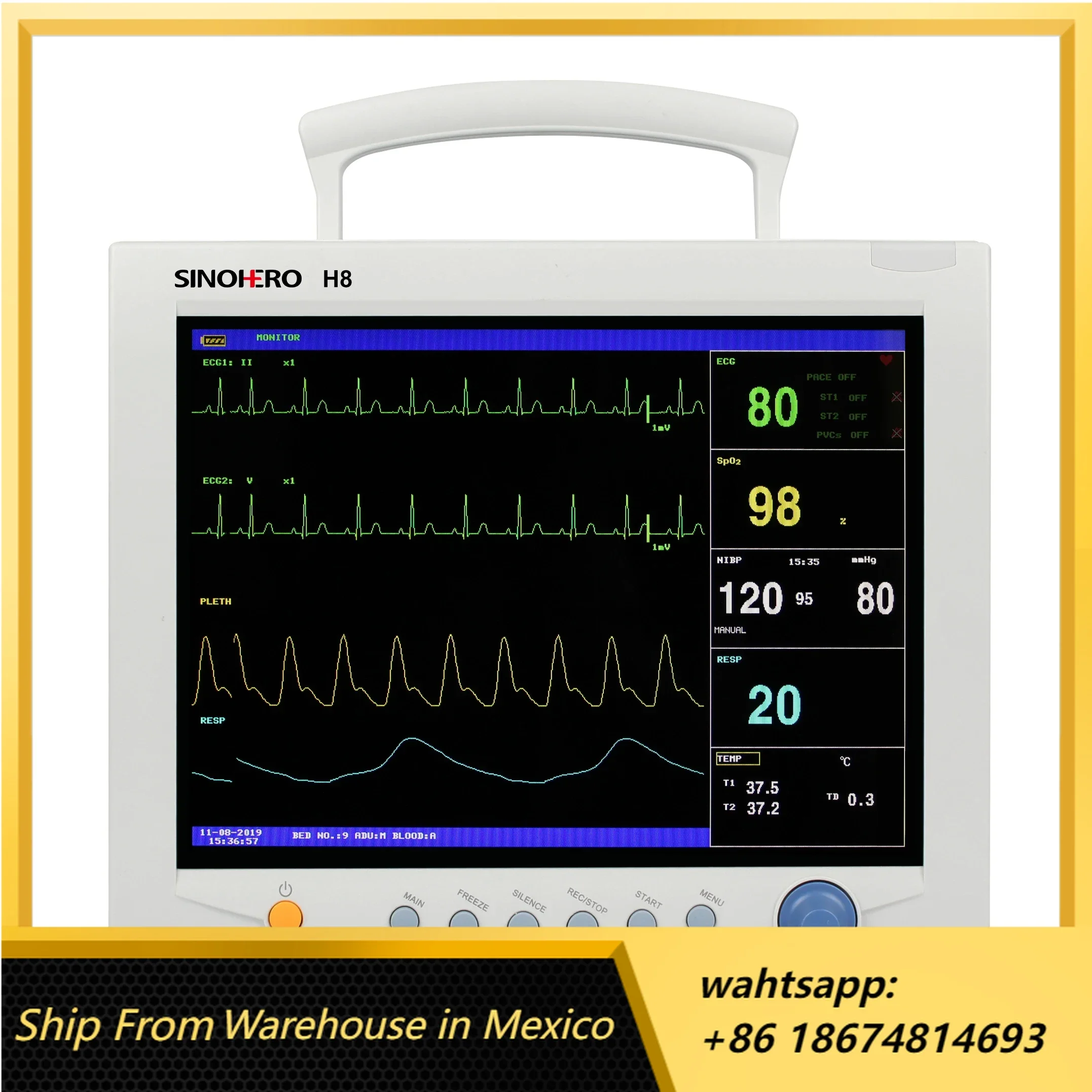 

SINOHERO H8 Multi-Parameter Patient Vital Sign Monitor for Human 12.1'' Color LCD Display ECG RESP NIBP SpO2 TEMP Machine