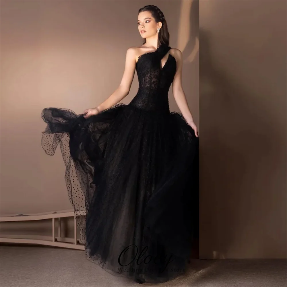 OLOEY Modern Black One Shoulder Evening Gown Dress Tulle A-Line Sleeveless Birthday Party Dress Performance Gown Customized