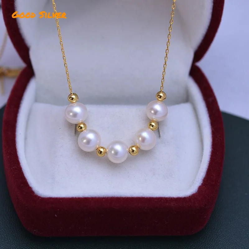 

French fashion natural freshwater pearl necklace for women, 6-7mm white round bead pendant, S925 silver chain gold-plated.