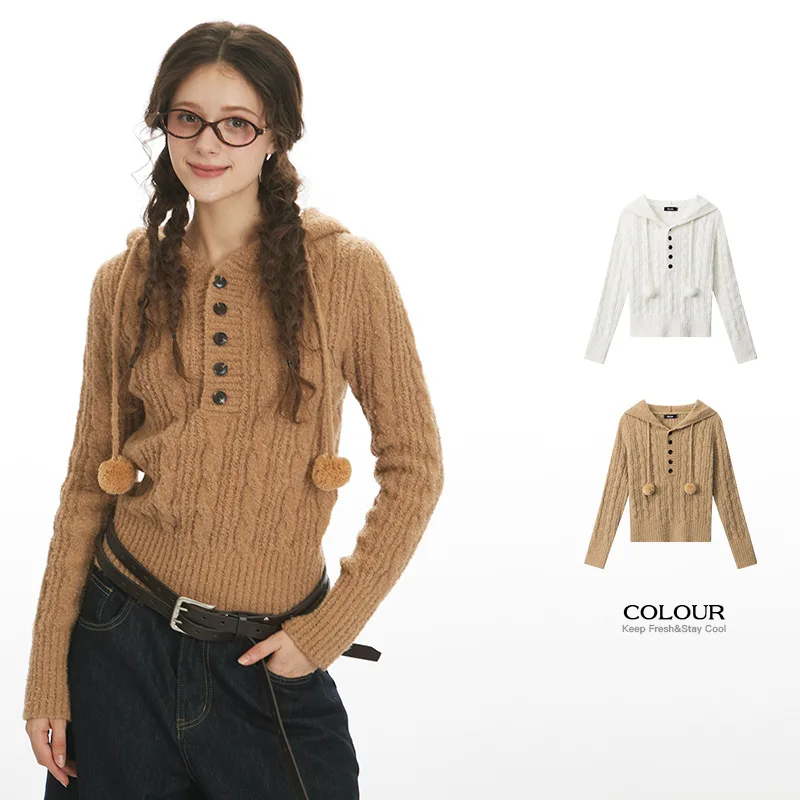 

HeyHenry Autumn Winter Short Hooded Long Sleeve Knitted Sweater Slim Fit Overhead Base Layer Sweater New Arrival