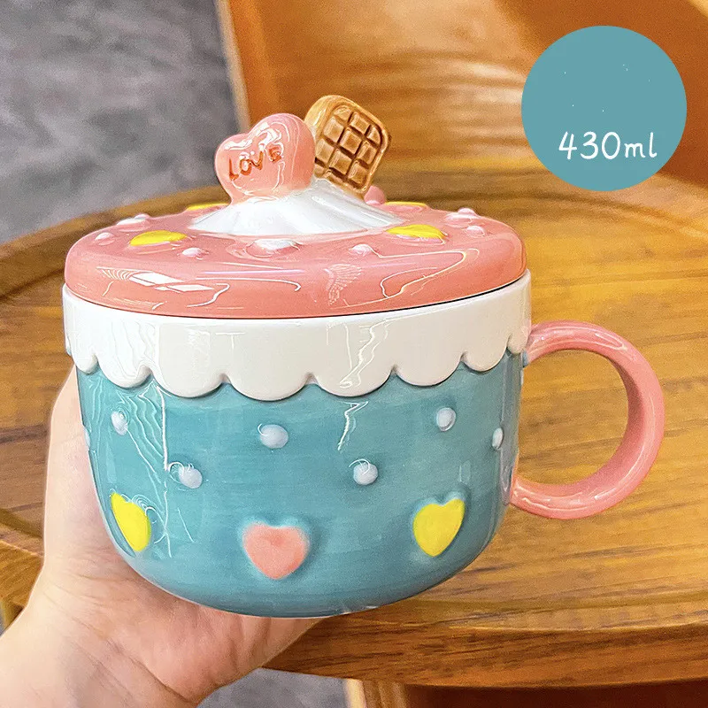 

Cute cartoon ice cream ceramic cup office with lid high-value mug home oatmeal breakfast cup girl heart water cup