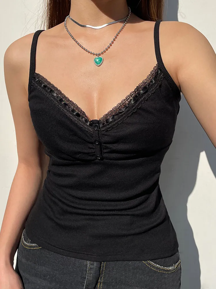 Sexy Folds Buttons Sleeveless Crop Top Black Vintage Y2K Corset Tops  Casual Basic T-shirt image 6