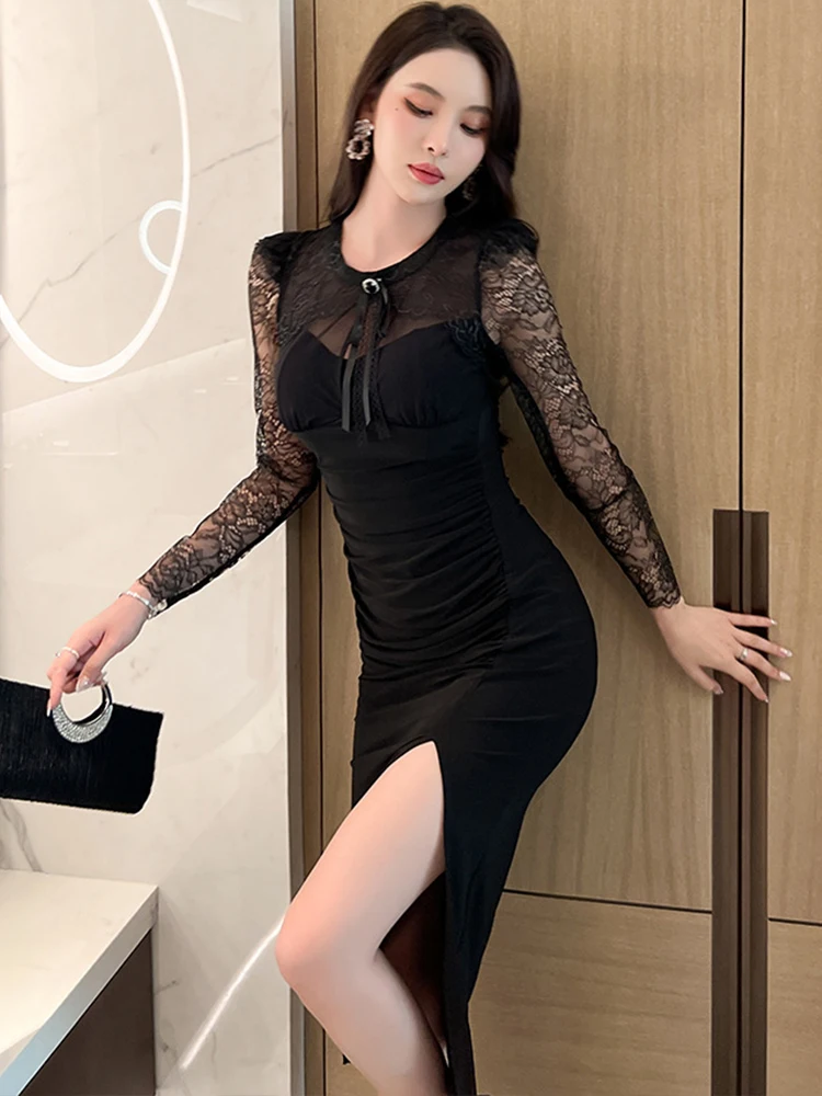 Spring Elegant Sexy Dresses for Women 2023 Black Sheer Lace Midi Dress Bow Hollow Bodycon Slit Robe Office Banquet Party Vestido