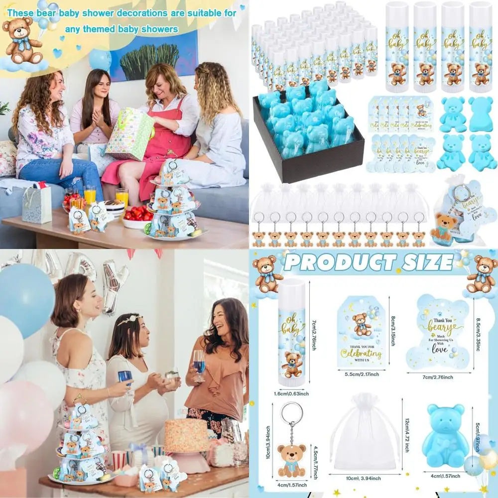 

Bulk Baby Shower Favors: Lip Balms, Soaps, Keychains, Organza Bags, and Thank You Cards for Boys & Girls (Blue, Bear Theme)