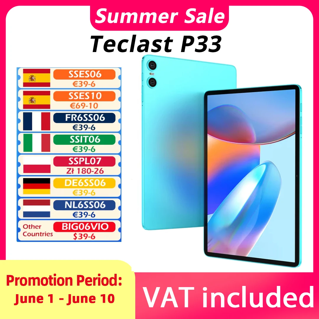 Teclast P33 Tablet 10,1 inch Android 15 9GB(3+6GB) RAM 64GB ROM 1TB uitbreidbaar Wi-Fi 6 Type-C 6000mAh Dubbele camera Koptelefoonaansluiting