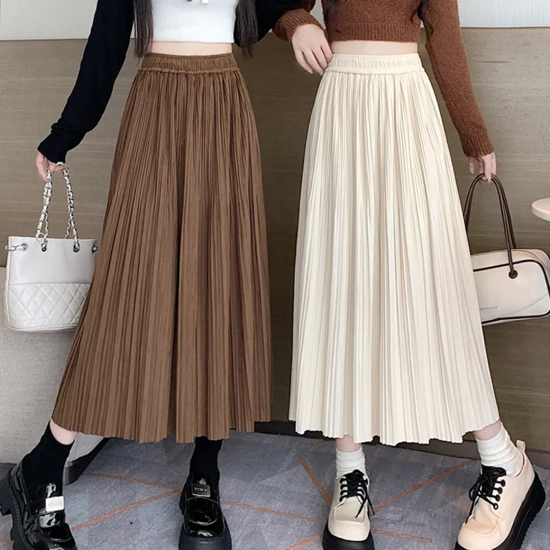 

Streetwear Elegant Fashion Elastic High Waist Vintage Solid A-line Skirt Casual Temperament Chic Casual All-match Skirts