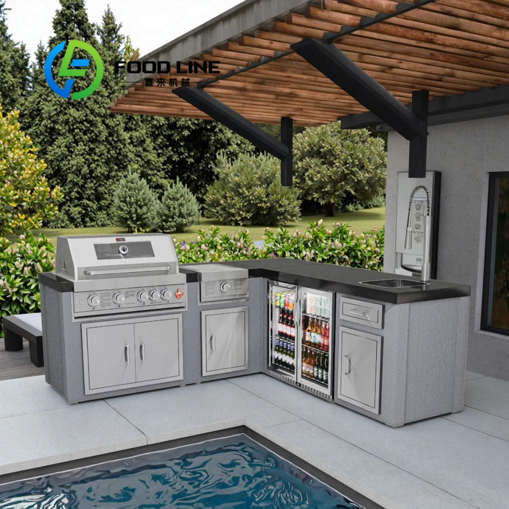 

Высококачественный уличный кухонный набор: встраиваемый холодильник, инструменты для столешницы, газовый гриль для барбекю, комплект из нержавеющей стали 304 для уличной кухни, на заказ