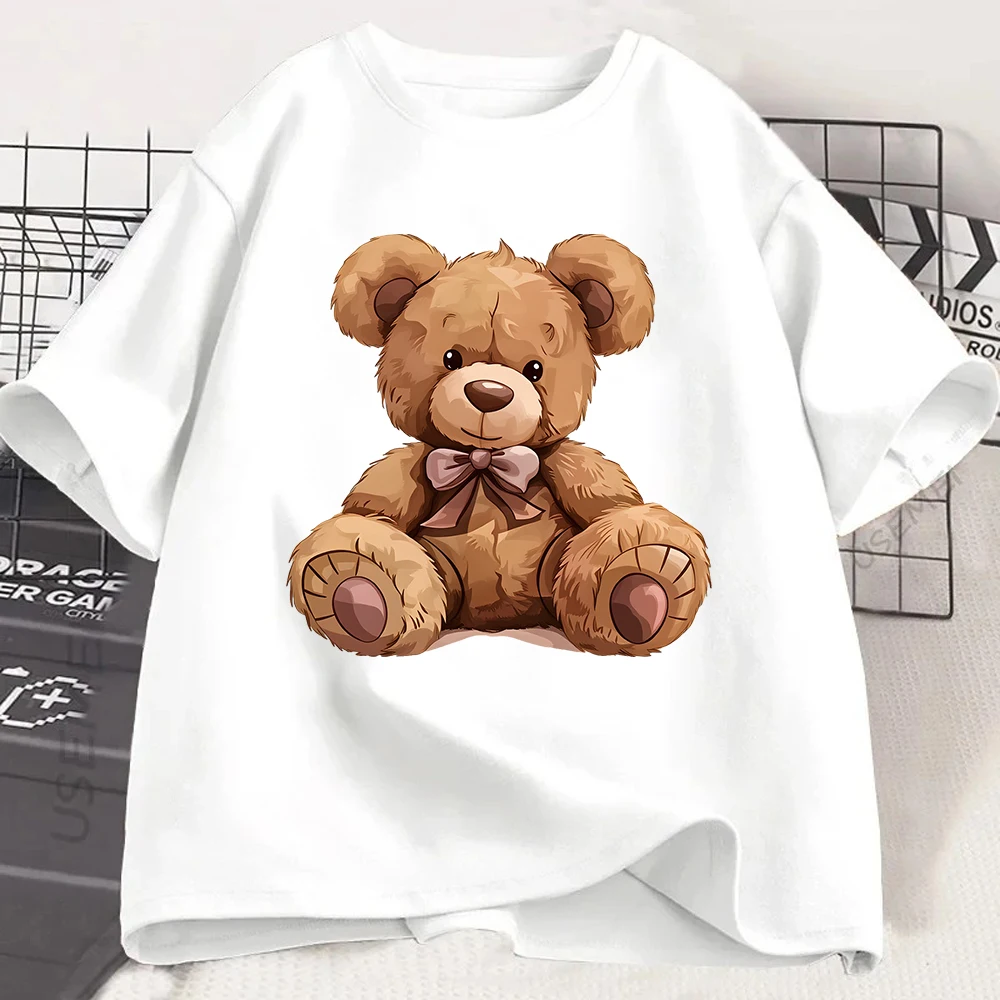 Cute  Bear Graphic T-shirt Kawaii Animal Print Tee Summer Short Sleeve Casual Fashion Top for Women Girls Kids