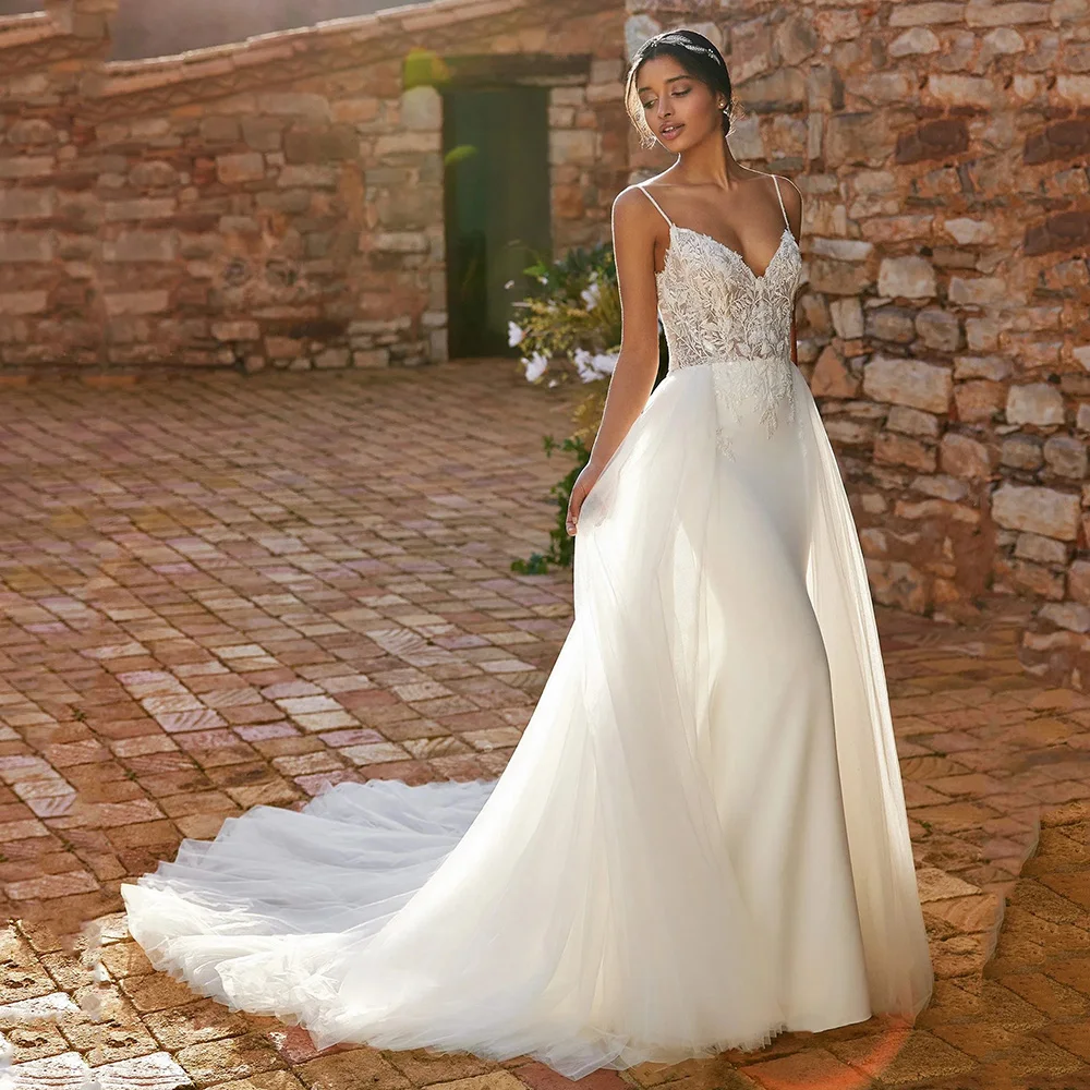 보헤미안 웨딩드레스 2025 스파게티 스트랩 레이스 아플리케 머메이드 신부 드레스 탈부착 가능한 트레인 백리스 브라이덜 드레스 맞춤 제작