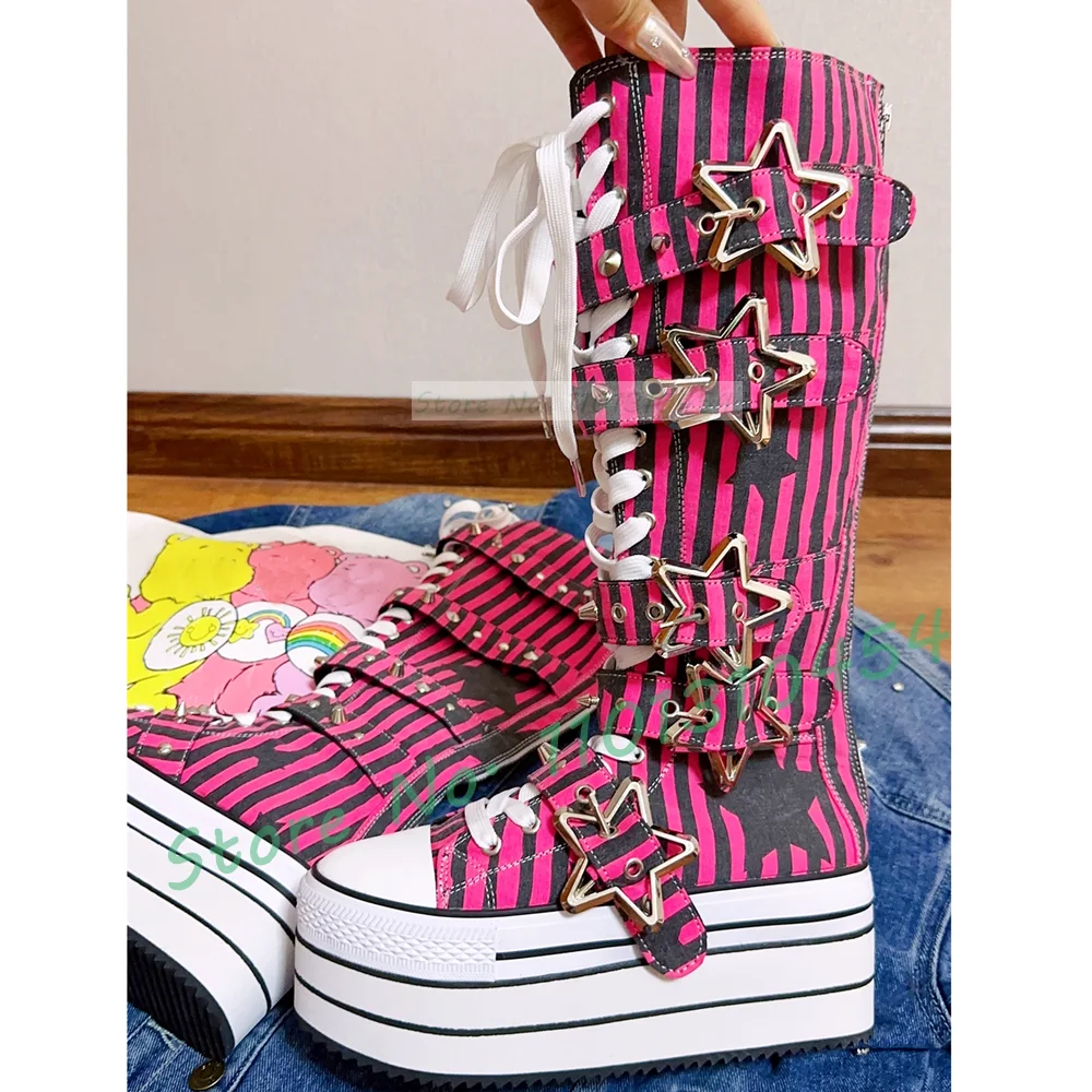 Pink Striped Platform Long Canvas Shoes Girl\'s Sweet Metal Star Belt Buckle Lace-up Boots Fashion Round Toe Cool Lolita Shoes