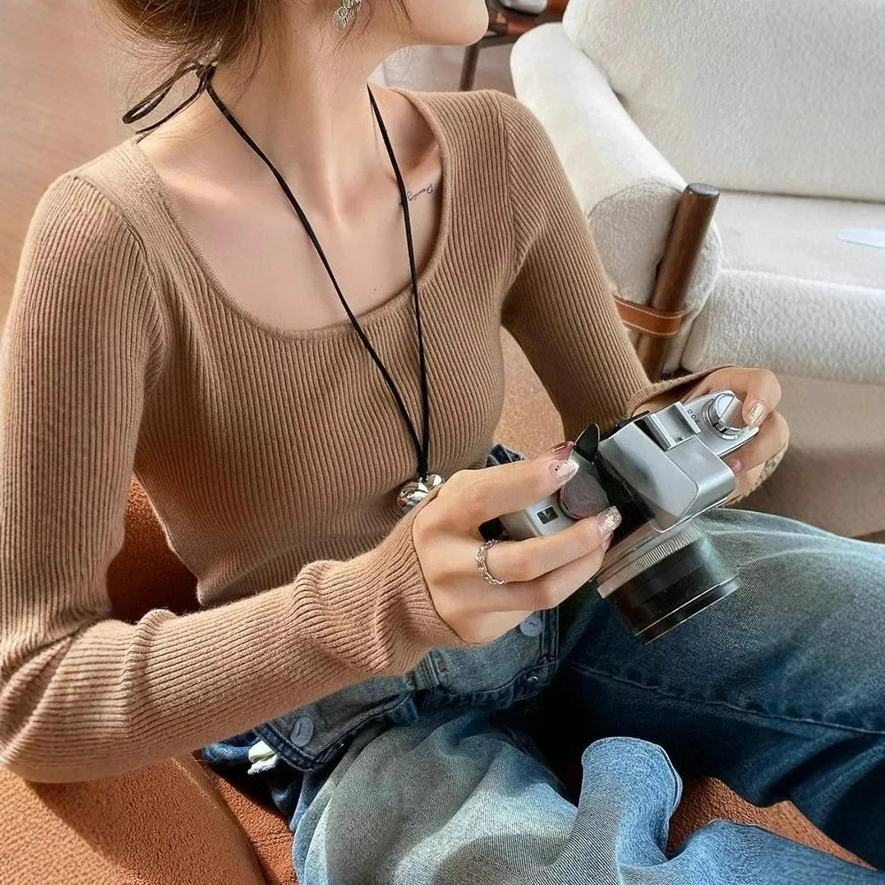 

Осень-зима 2025, новый вязаный базовый свитер с квадратным вырезом для женщин, универсальный облегающий пуловер с длинными рукавами, трикотаж, топ