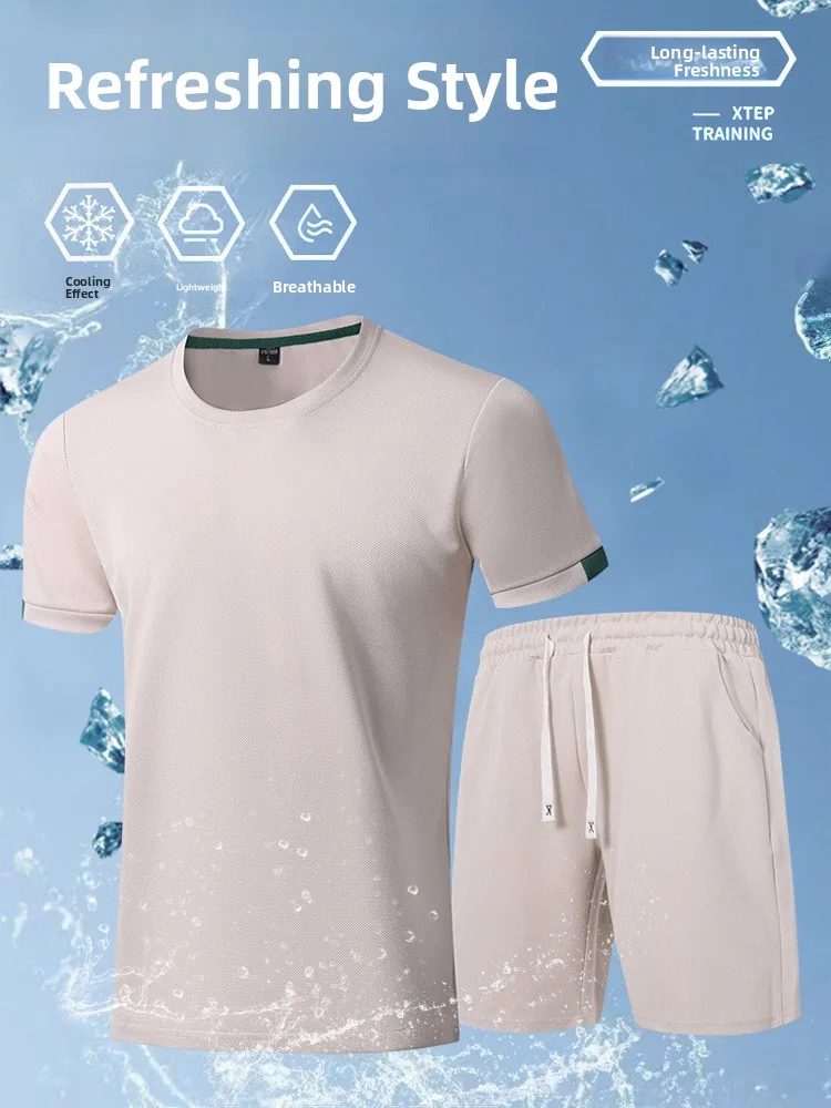 

Летний мужской повседневный комплект из двух предметов: футболка с коротким рукавом и круглым вырезом из ледяного шелка, свободного кроя, дышащая и комфортная, модная коллекция 2025 года
