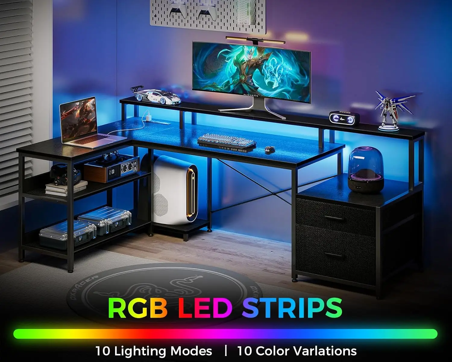 L geformter Schreibtisch mit Akten schublade, 66 "reversibler l-förmiger Computer tisch mit Steckdose und LED-Streifen, Home-Office-Schreibtisch, schwarz