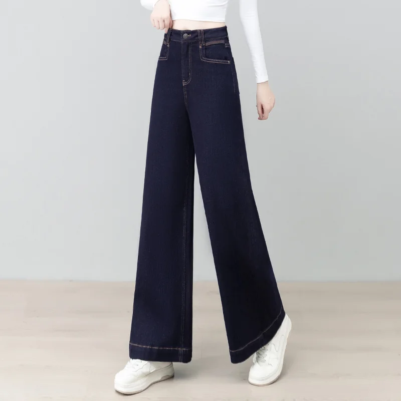 Ciemnoniebieskie modne jeansy damskie, jesienne nowości, wysoki stan, luźne, elastyczne, proste spodnie o szerokich nogawkach dla niskich kobiet, styl casual.