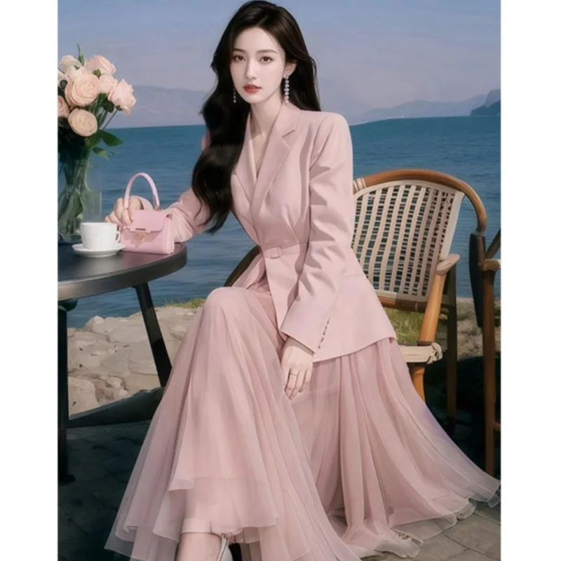 

Новинка 2023 года, весенние комплекты из двух предметов, женские наряды, модный розовый костюм, куртка и юбка из пряжи, повседневная офисная женская одежда