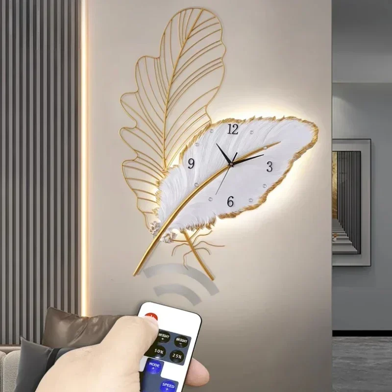 Feather Wall Clock for Home Decor, Wall Clocks, Modern Design, Living Room Decoration, Digital Watches, Light, Luxury