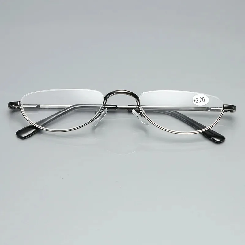 Retro-Lesebrille mit hochauflösenden Metallfederscharnieren, Halbmond-Design, Halbrandlose Lesehilfe, Optische Brille mit Kleinem Rahmen