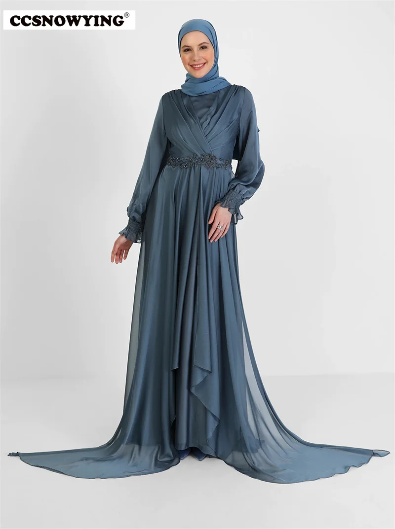 

Chiffon Appliques Long Sleeve Muslim Evening Dresses Hijab Formal Party Gown A Line Arabic Kaftan Women Robes De Soirée