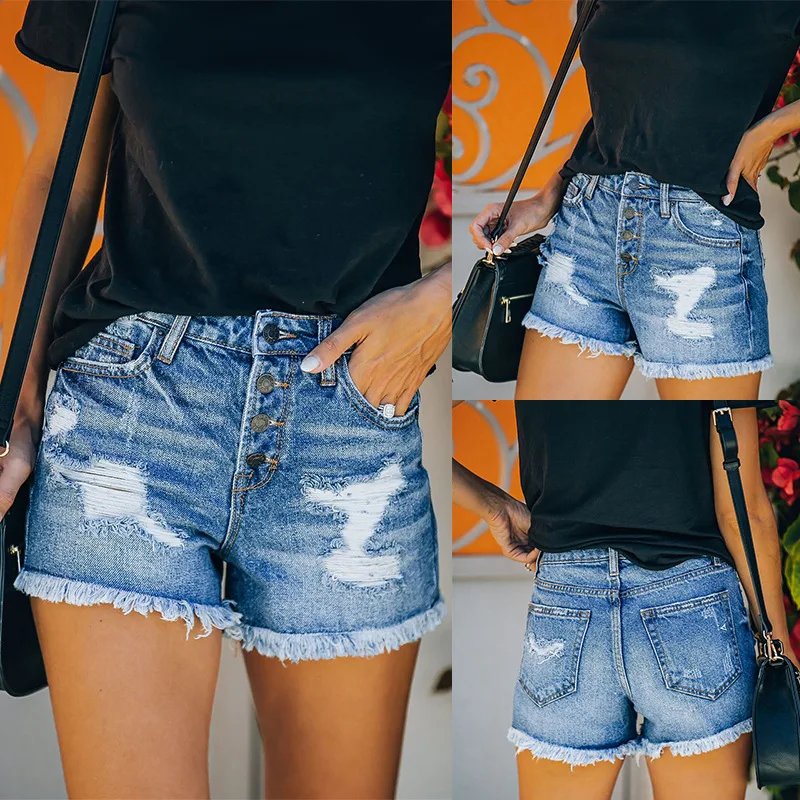 

2025 European and American New Spring and Summer New Street Tide Brand Ripped Washed All-Matching Tassel Women's Denim Shorts in