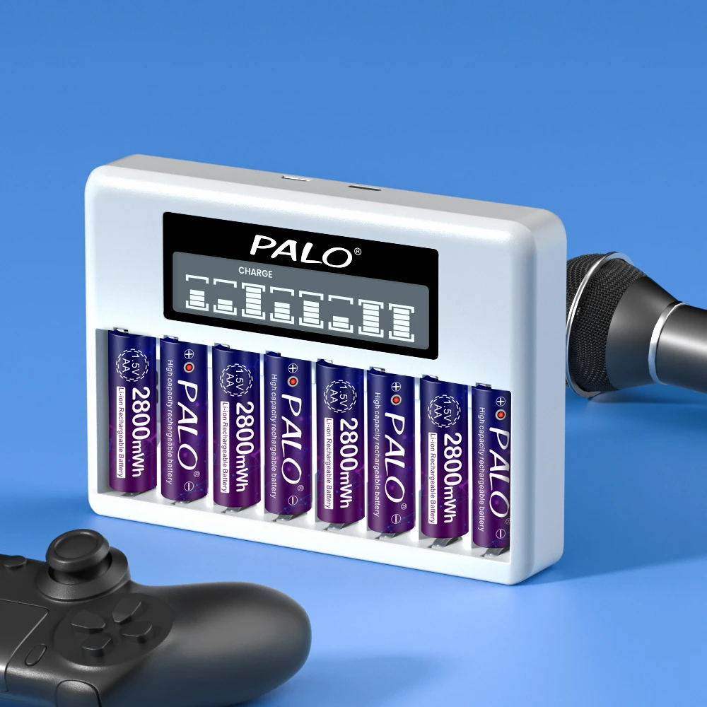 Caricabatteria ricaricabile PALO 1.5 V AA AAA caricabatterie intelligenti veloci a 8 slot per batterie agli ioni di litio da 1.5 volt 2A 3A