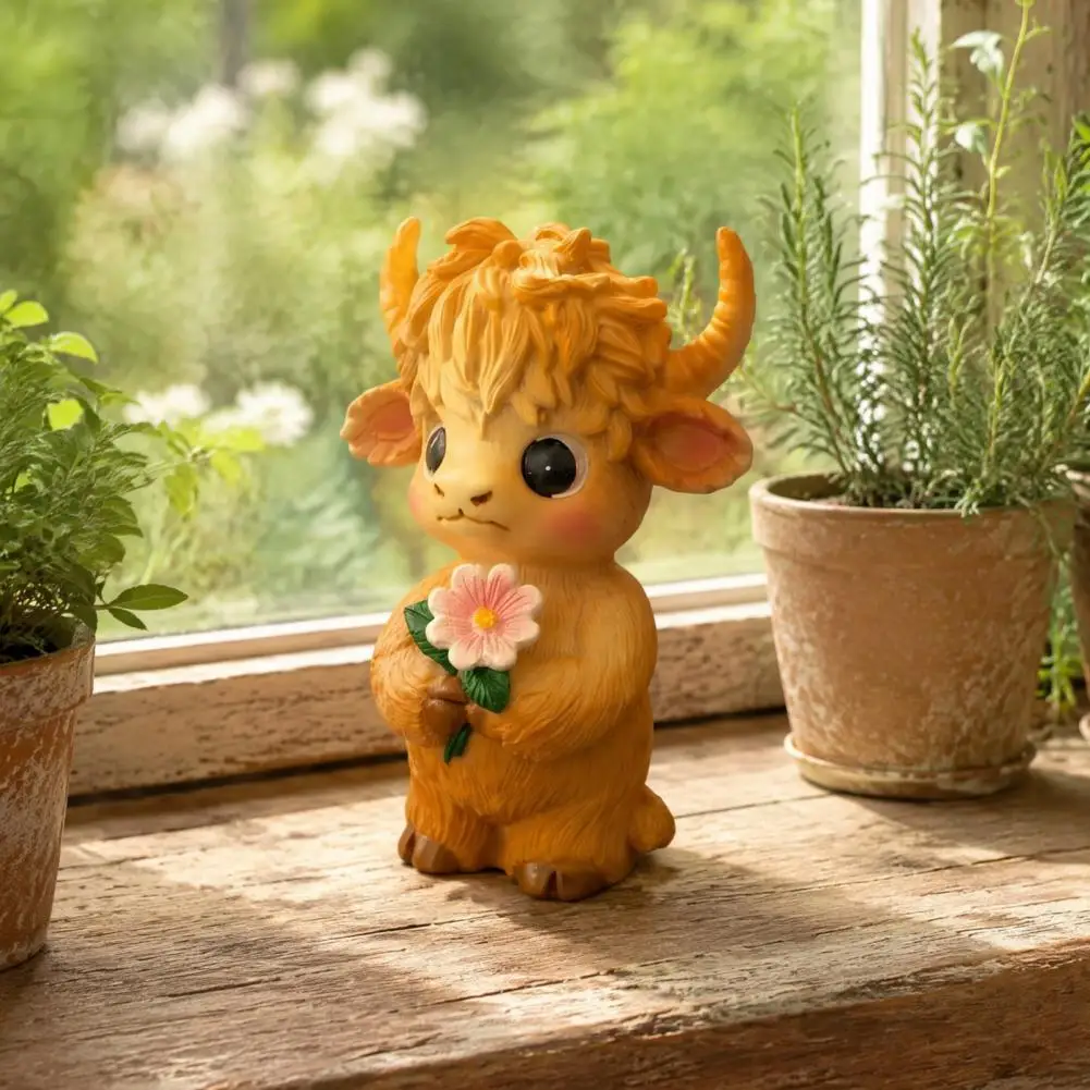 Healing Home Office Accessories Highland Cow Resin Ornament Highland Cow Flower Statue Cute Resin Figurine Farmhouse for Shelf