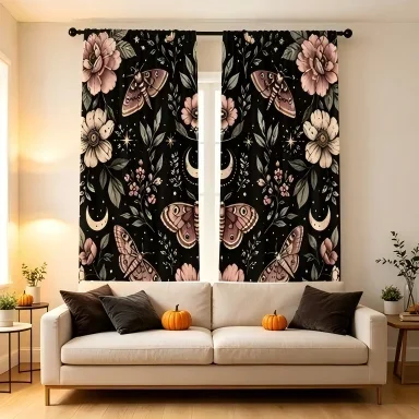 2PCS Digital Printed Curtains, Vintage Moths Flowers Crescent Moon Stars, Dark Boho Botanical Witchy Window Decor Living Room