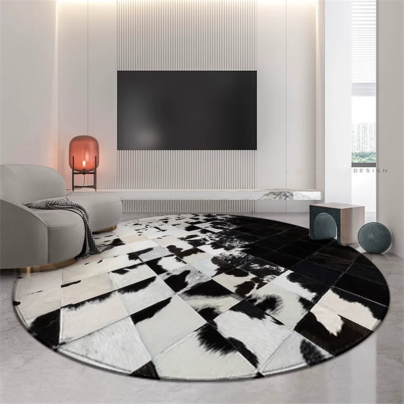 

Black White Spliced Cowhide Round Carpet For Bedroom Home Piano Floor Mat Customized Size Rugs Living Room Large Cloakroom Rug