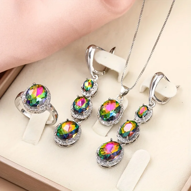 1 Pair Of Earrings + 1 Necklace + 1 Ring Elegant Jewelry Set Inlaid Shining Zirconia Engagement/ Wedding Jewelry Gift For Female