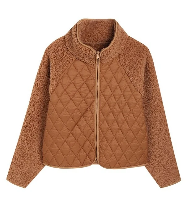 캐주얼 지퍼 디자인 패치워크 테디 퍼퍼 코트, 우아한 여성 의류 의상, 2023 가을 겨울 용수철, 신상 패션