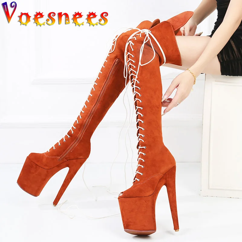 20CM Suede Nightclub Sexy Over-the-Knee Boots Model Catwalk Show Side Zip Peep Toe Shoes Women\'s Platform Pole Dance High Heels