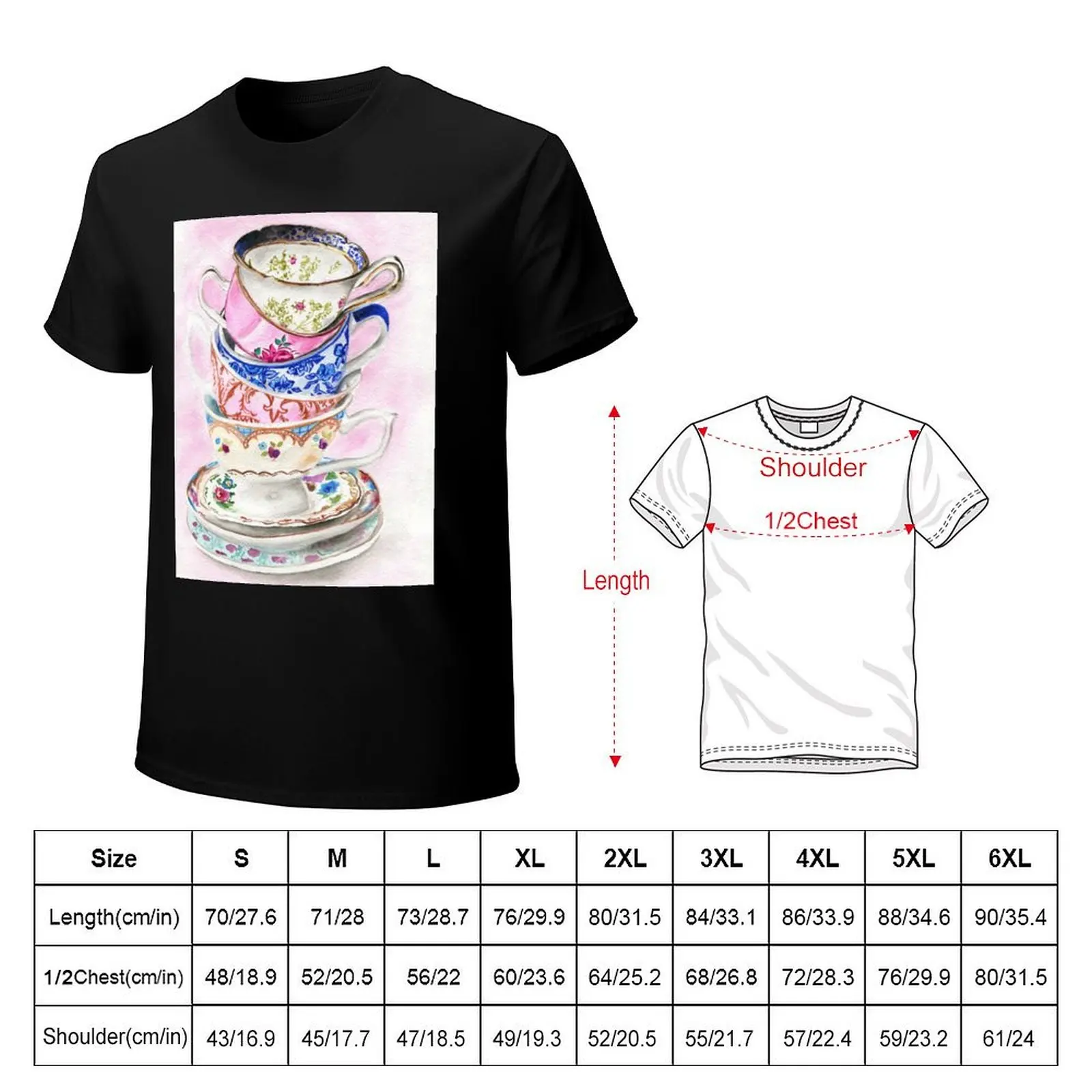 Watercolor beautiful cups tower illustration. T-Shirt Work Wear Lightweight Tee