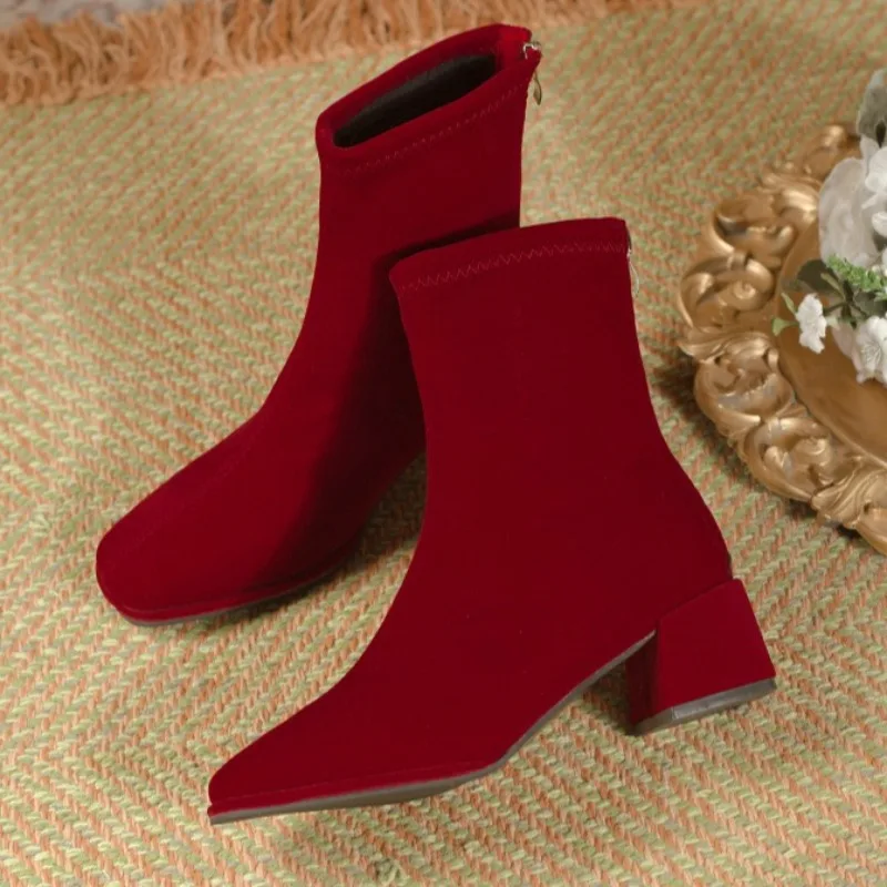 

Mid Heels Women Suede Ankle Boots Fashion Elegant Wedding Shoes 2025 Winter New Designer Short Boots Dress Pumps Party Zapatos