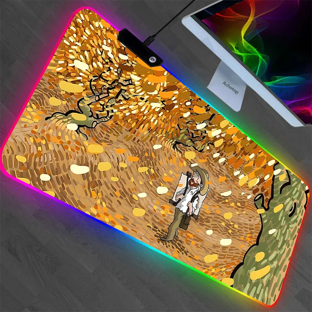 Alfombrilla de ratón con ilustraciones de Van Gogh RGB para Pc, alfombrilla de ratón con LED brillante, alfombrillas de goma para juegos de ordenador