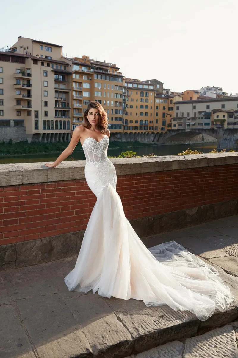 

September Custom New Mermaid Gown Sexy Lace Strapless Wrap Wedding Dress Exquisite Applique Court Sweep Bridal Dress Plus Size
