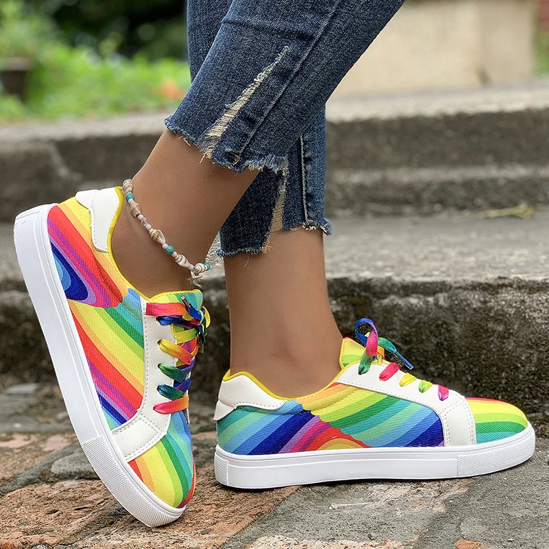 Rainbow Color Lace Up Sneakers Women Casual Non-Slip Platform Vulcanized Shoes Woman 2023 Autumn Flats Running Walking Shoes 43