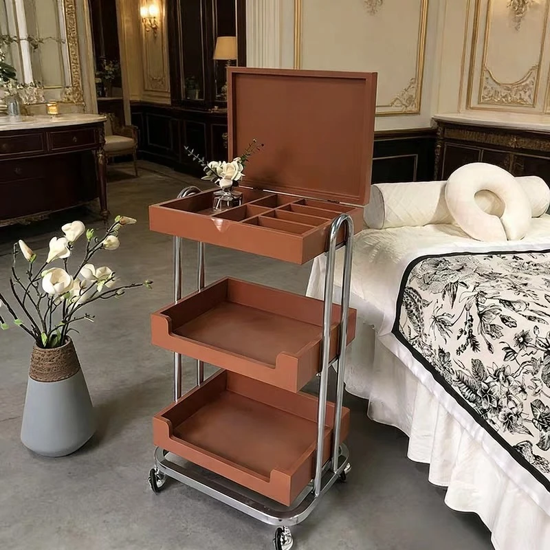 Beauty salon high-end special solid wood trolley, manual flip trolley, original light luxury rack storage tool cart