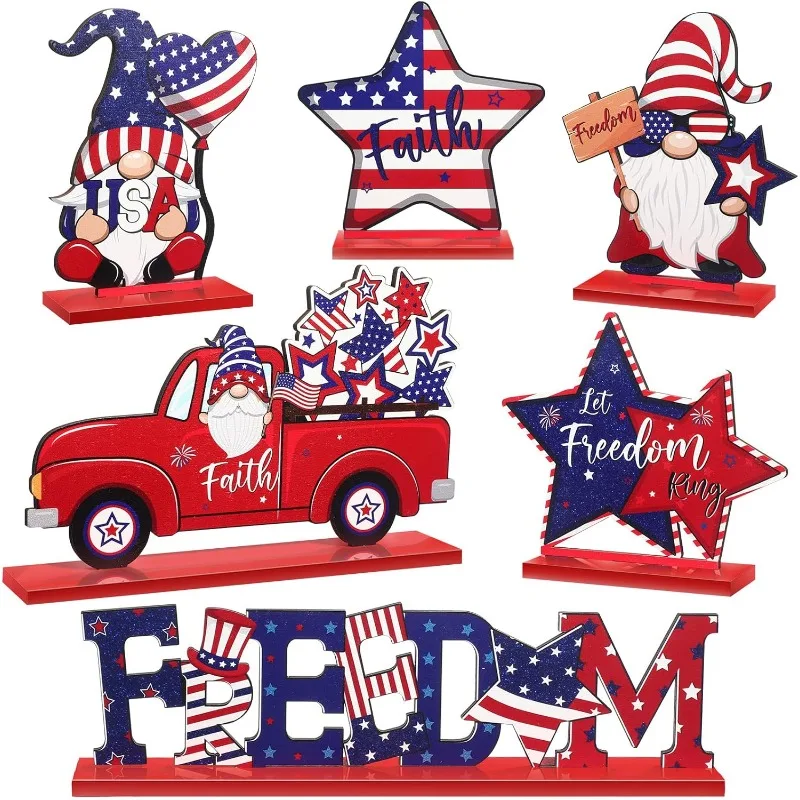 6 Pieces Patriotic Table Decor Memorial Day Table Decorations Wooden Gnome Freedom Truck Star Table Signs for Veterans Day Gifts