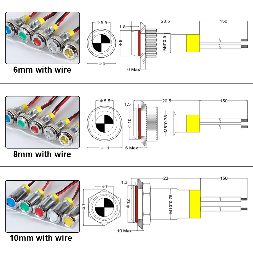 Voyant LED en métal étanche IP65, lampe de signal, fils pilotes, interrupteur, rouge, bleu, jaune, blanc, vert, 3V, 6V, 12V, 220V, 24V