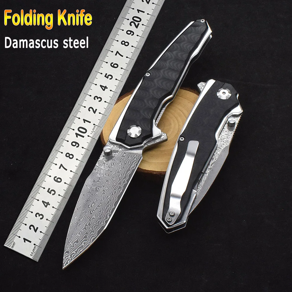 Damascus Steel G10 Handle High Quality Handmade Folding Bearing Knife Outdoor Camping Survival Fishing Hiking Portable Knife